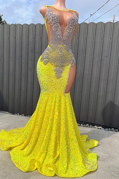 Round neck Silver Beaded Mermaid Yellow Sequin Prom Dresses-showprettydress