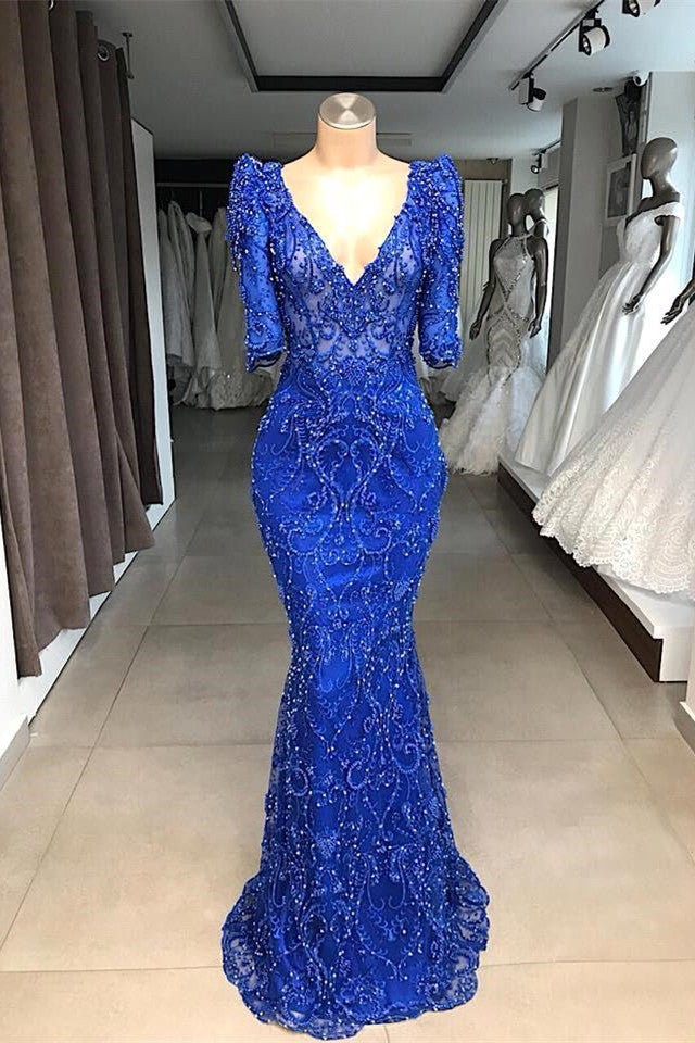 Long Sleeves Royal Blue Piece Prom Dress Royal Blue Beaded Lace
