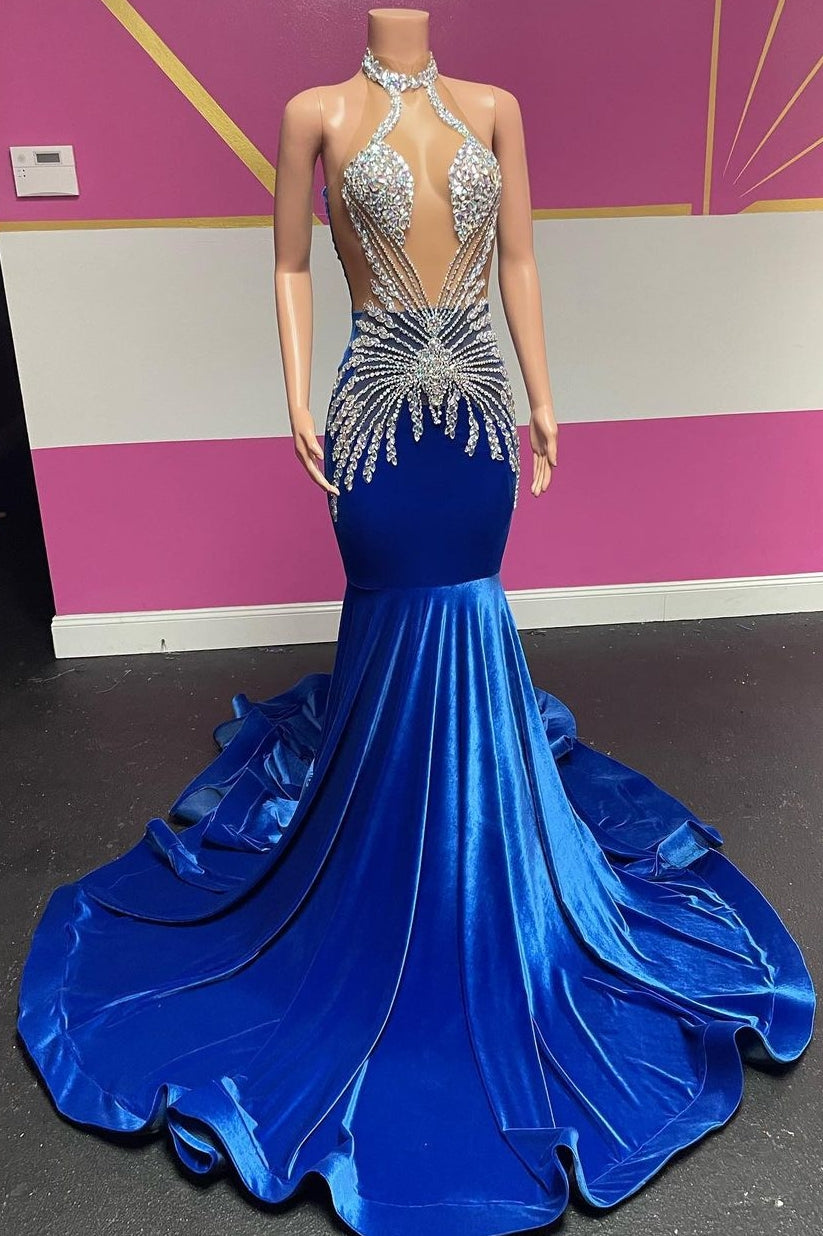 Royal Blue Halter Velvet Mermaid Silver Beaded Prom Dresses-showprettydress