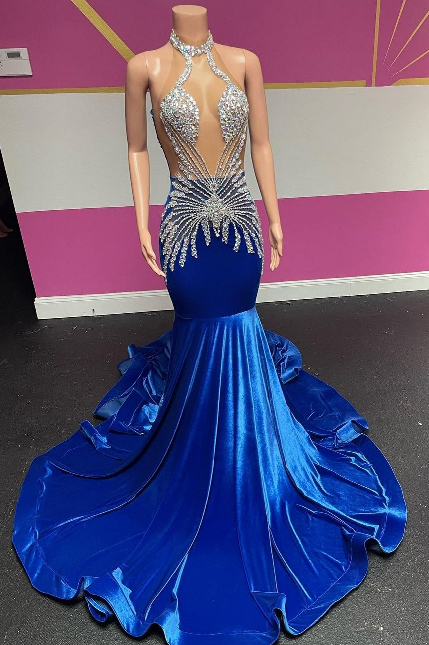 Velvet Long Sleevess Mermaid Front Split Gold Apliques Formal Dresses Royal Blue