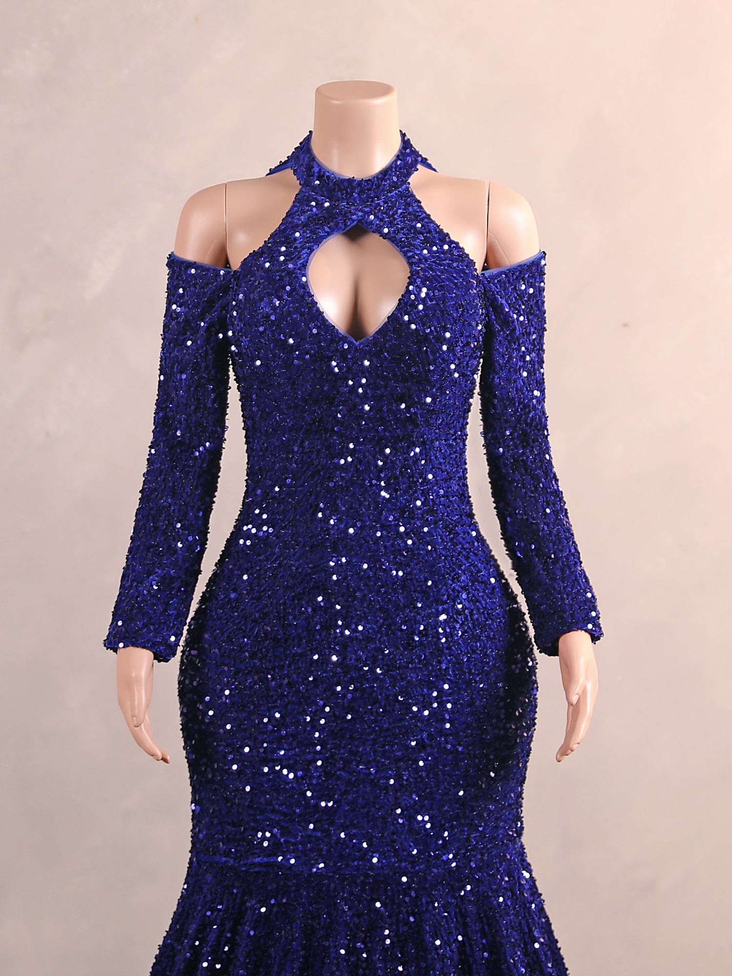 Royal Blue Long Mermaid Halter Sequined Formal Prom Dresses with Sleeves-showprettydress