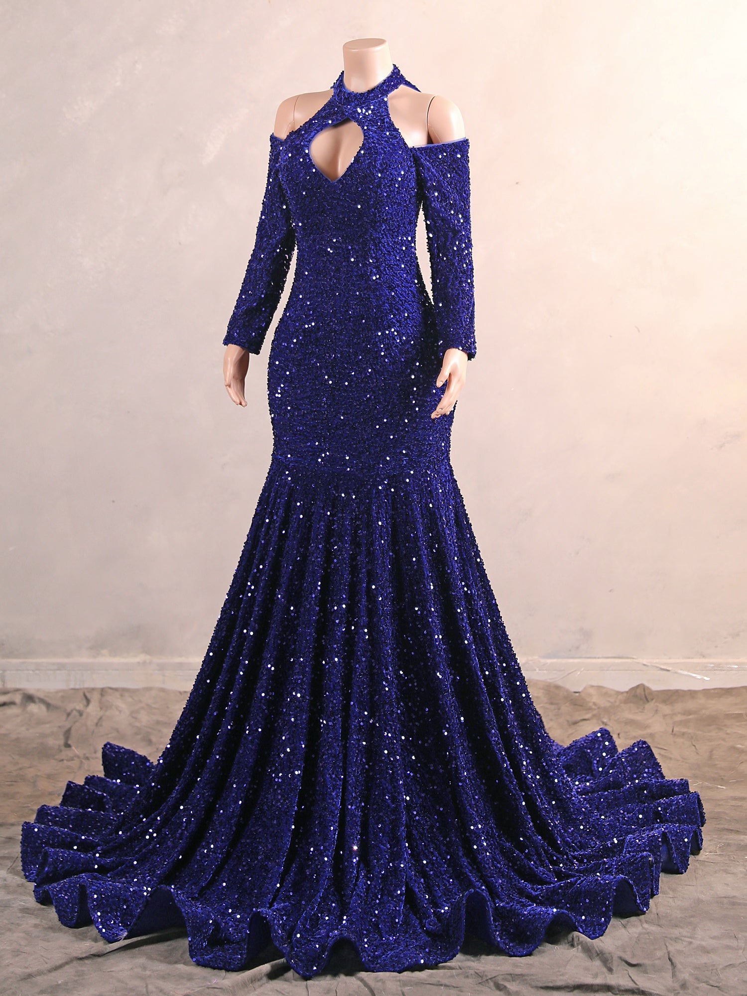 Royal Blue Long Mermaid Halter Sequined Formal Prom Dresses with Sleeves-showprettydress