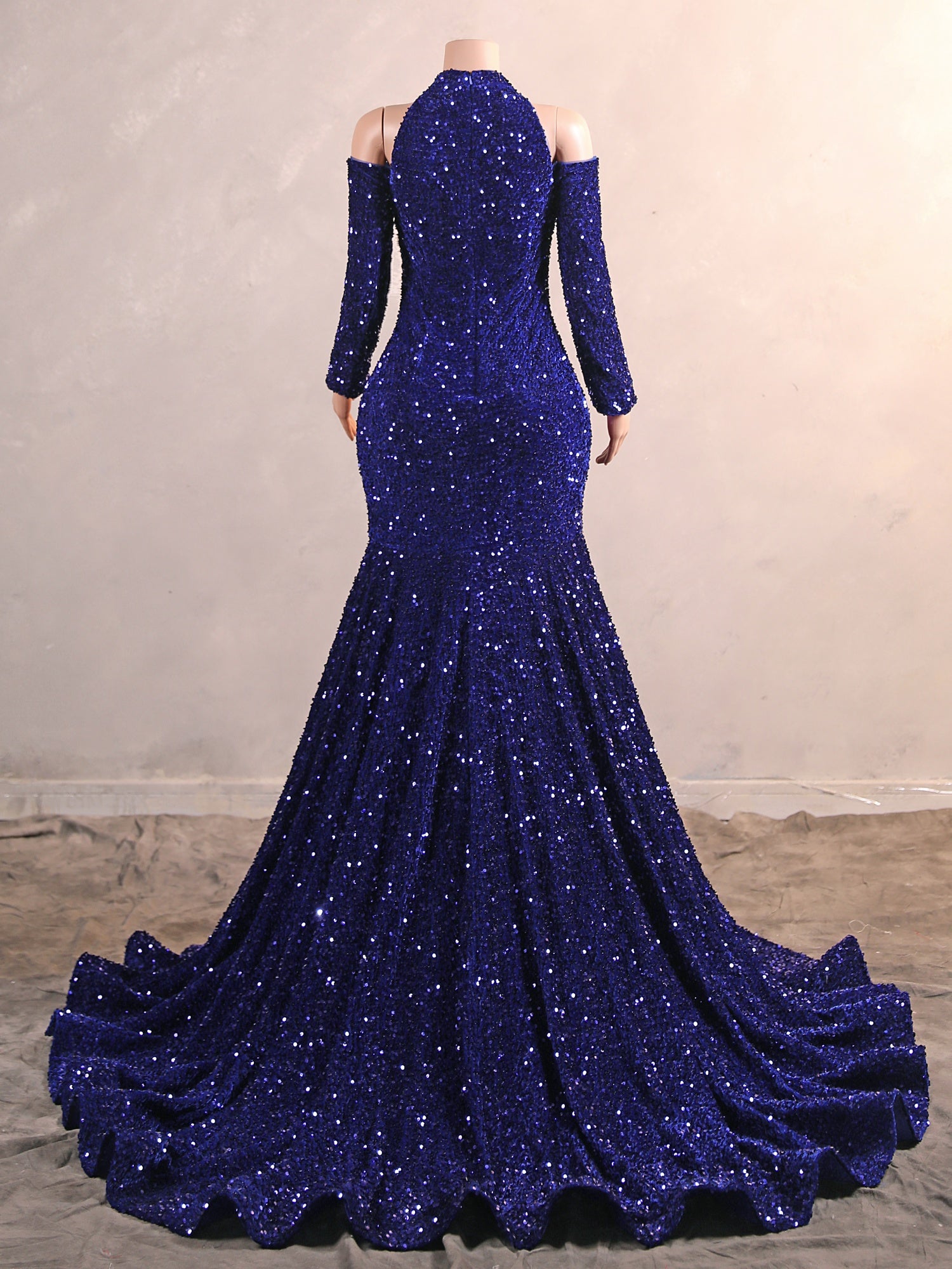 Royal Blue Long Mermaid Halter Sequined Formal Prom Dresses with Sleeves-showprettydress