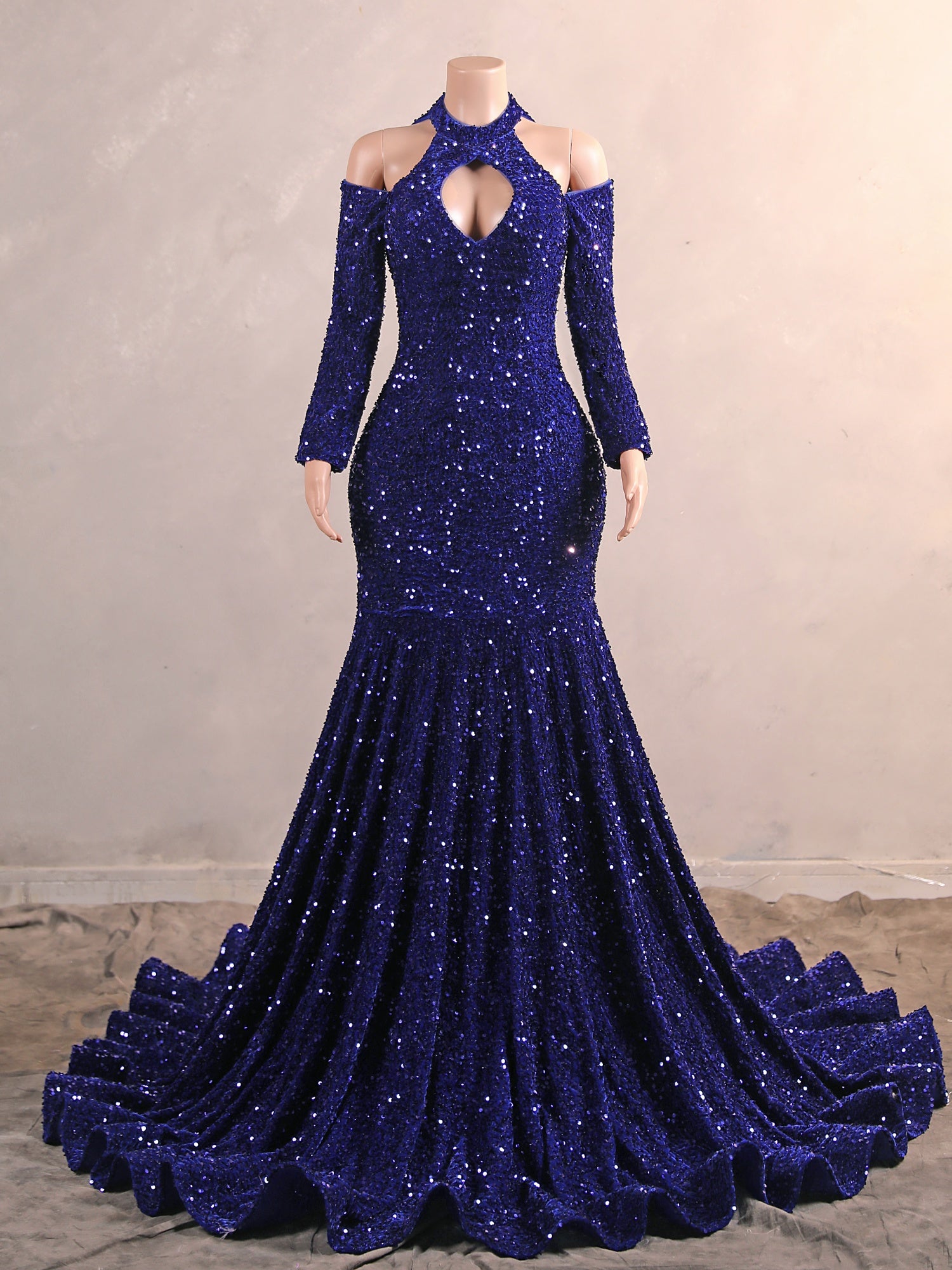Royal Blue Long Mermaid Halter Sequined Formal Prom Dresses with Sleeves-showprettydress