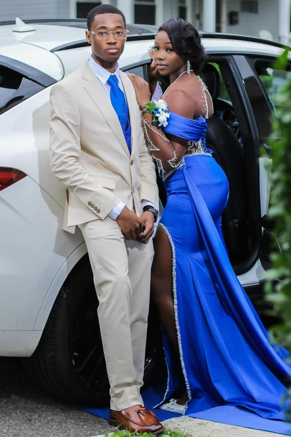 Royal Blue Long Sleeves Star Beadings Mermaid Side Slit Prom Dress-showprettydress