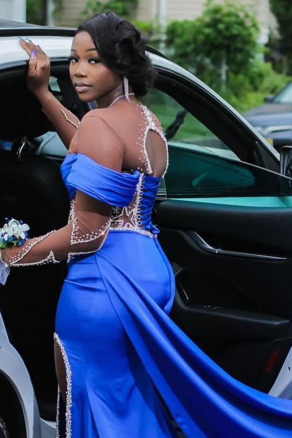 Royal Blue Long Sleeves Star Beadings Mermaid Side Slit Prom Dress-showprettydress