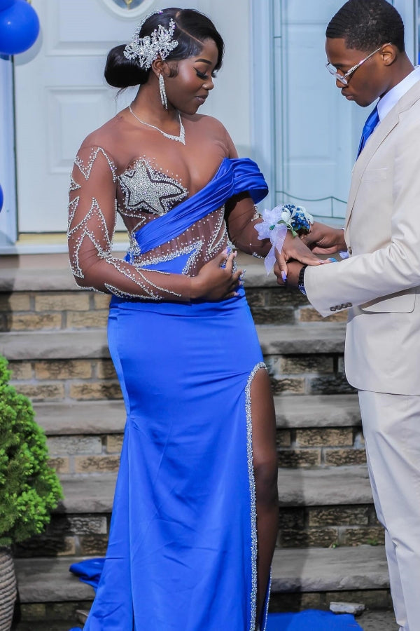 Royal Blue Long Sleeves Star Beadings Mermaid Side Slit Prom Dress-showprettydress