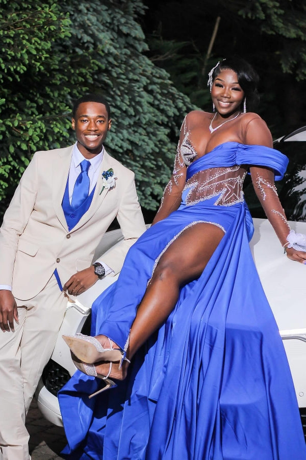 Royal Blue Long Sleeves Star Beadings Mermaid Side Slit Prom Dress-showprettydress