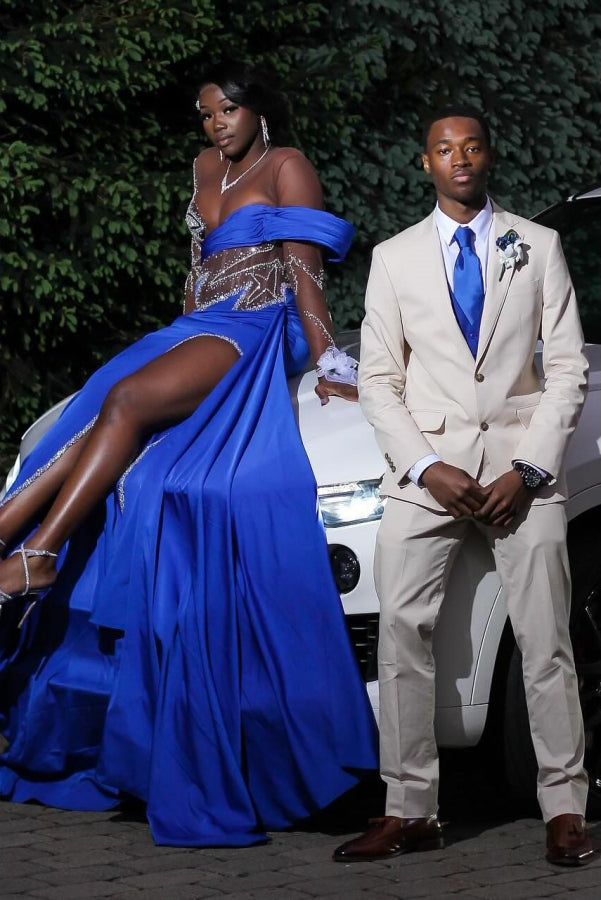 Royal Blue Long Sleeves Star Beadings Mermaid Side Slit Prom Dress-showprettydress