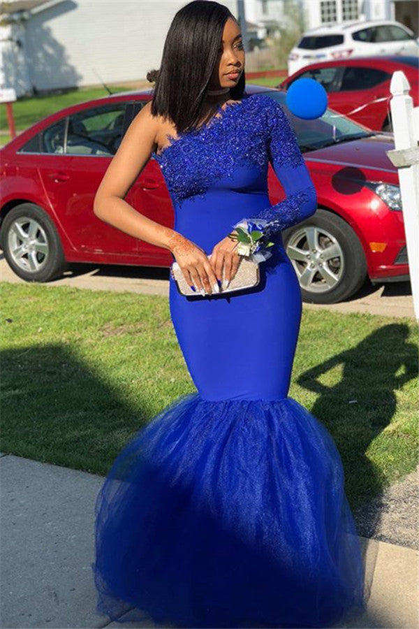 Royal Blue One-Shoulder Appliques Mermaid Evening Gown-showprettydress