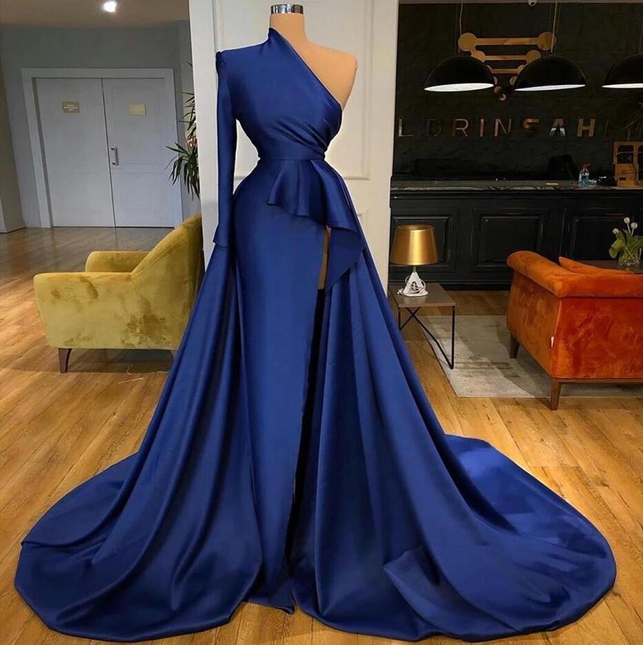 Royal Blue One Shoulder Long Sleeves Slit Prom Dress Overskirt-showprettydress