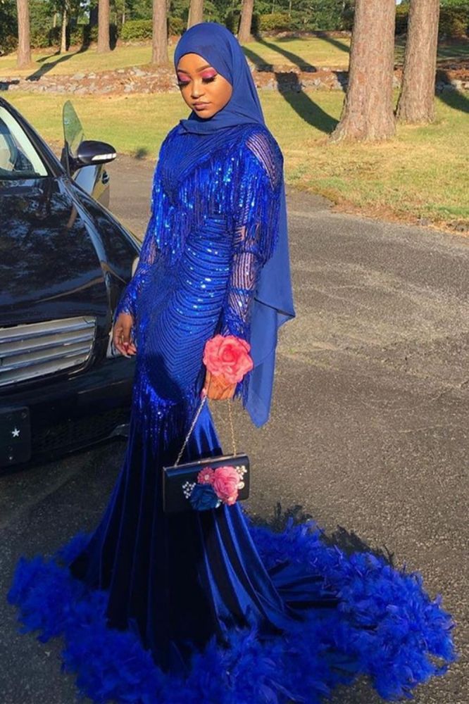 Royal Blue Sequined Mermaid Evening Gown Sweep Train-showprettydress