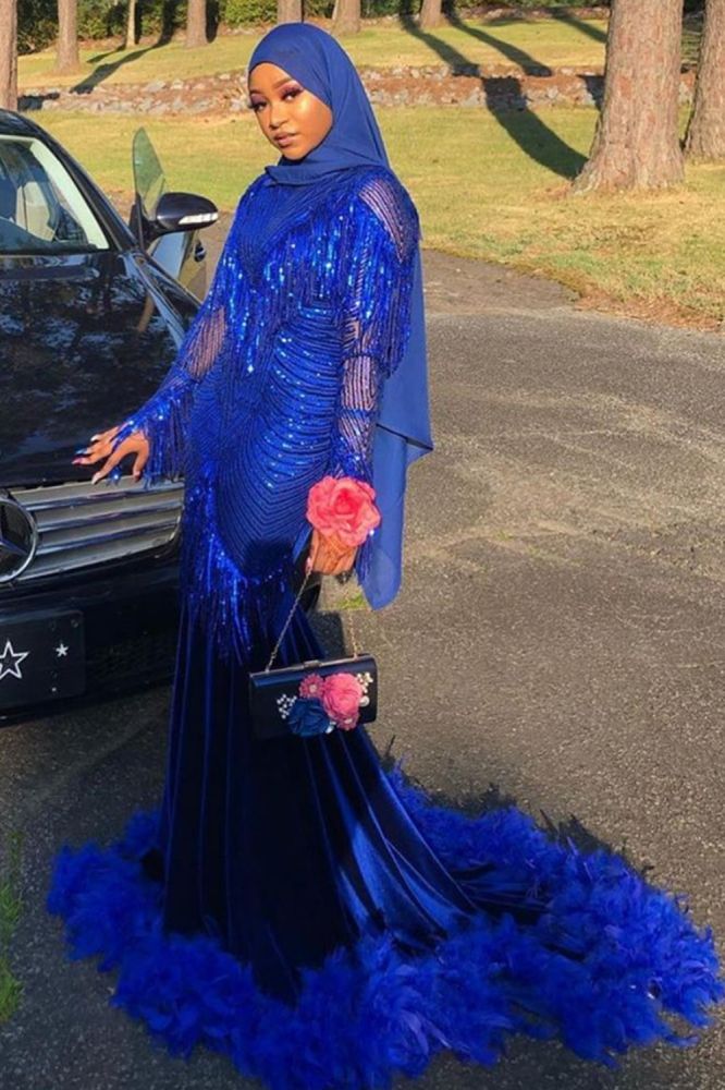 Royal Blue Sequined Mermaid Evening Gown Sweep Train-showprettydress