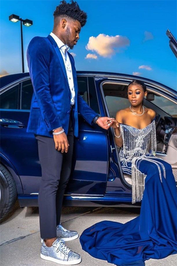 Royal Blue Velvet Prom Outfits Online Chic Peaked Laple Men's Suit with Two  Pieces
