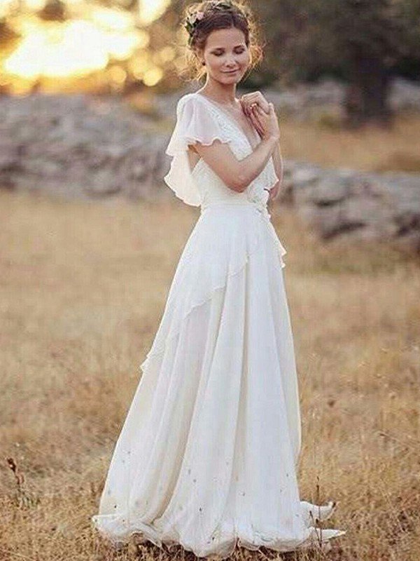 Ruched Floor Length A Line V neck Chiffon Short Sleeves Wedding Dresses-showprettydress