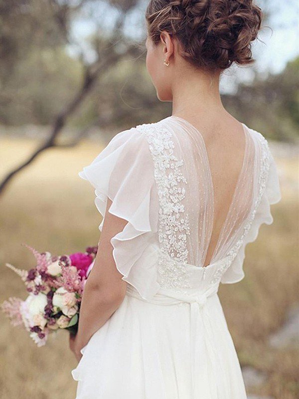 Ruched Floor Length A Line V neck Chiffon Short Sleeves Wedding Dresses-showprettydress