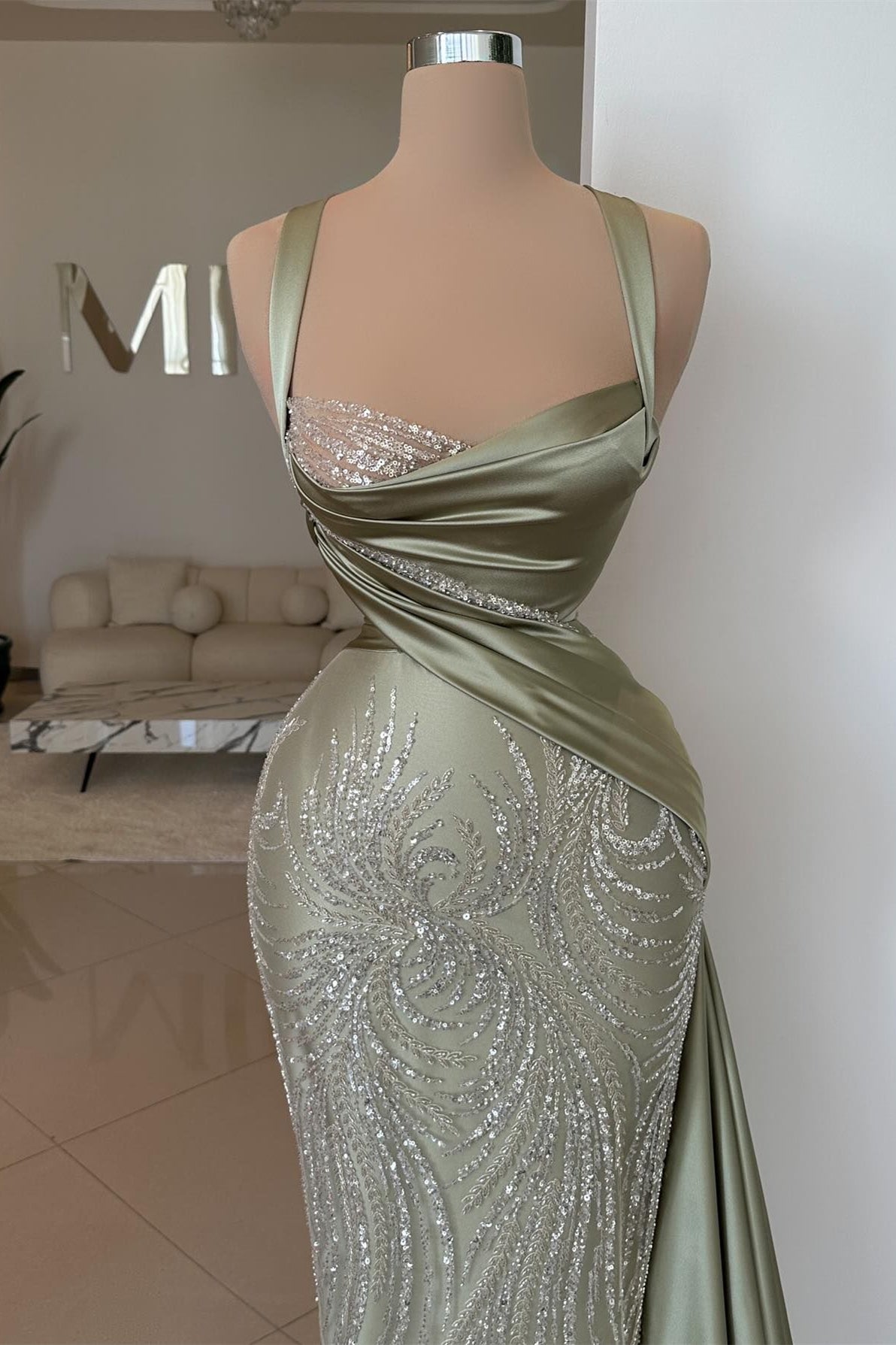 Sage Sweetheart Sleeveless Mermaid Prom Dress with Beads: A stunning gown for your special night.-Showprettydress