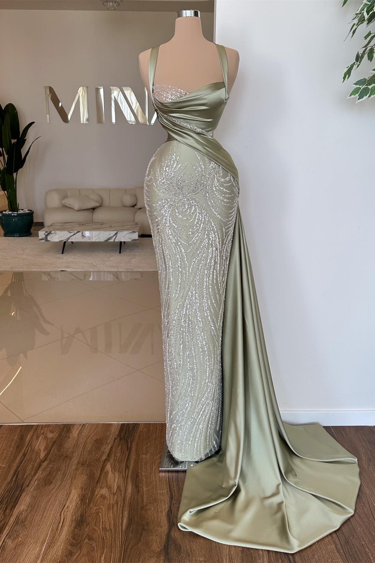 Sage Sweetheart Sleeveless Mermaid Prom Dress with Beads: A stunning gown for your special night.-Showprettydress