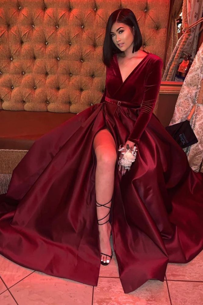 Satin V-Neck A-line Evening Maxi Dress Long Sleeves Front Split Prom Party Gowns-showprettydress