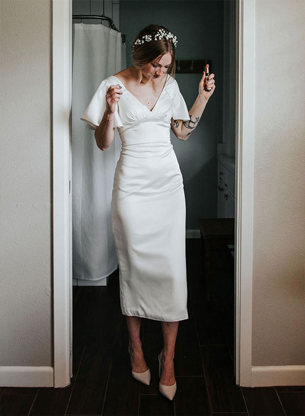 Satin V-Neck Sheath Wedding Dress Short Sleeves-Showprettydress