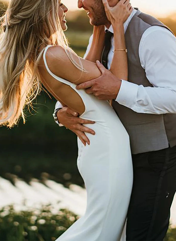 Satin Wedding Dress Open Back V-Neck Sleeveless Sheath Fitted-Showprettydress
