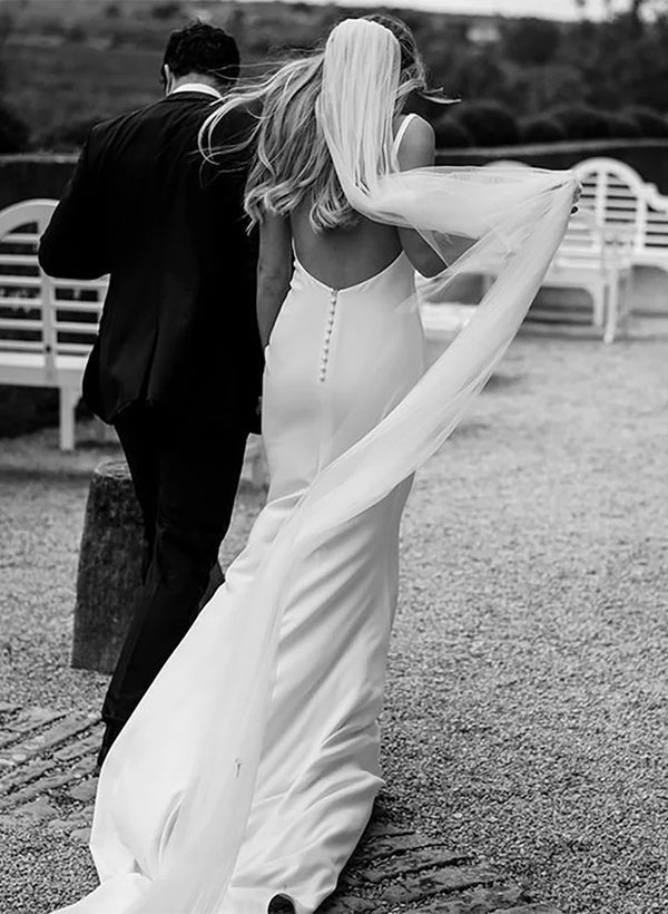 Satin Wedding Dress Open Back V-Neck Sleeveless Sheath Fitted-Showprettydress