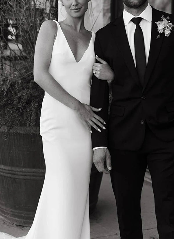 Satin Wedding Dress Open Back V-Neck Sleeveless Sheath Fitted-Showprettydress