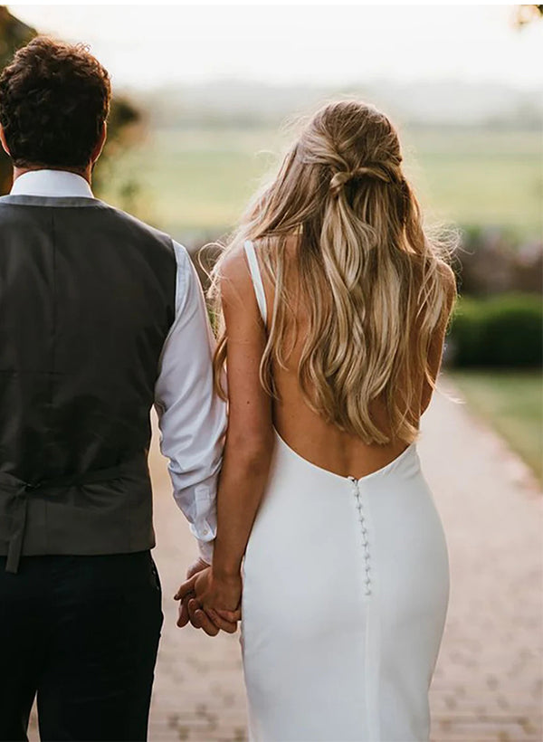 Satin Wedding Dress Open Back V-Neck Sleeveless Sheath Fitted-Showprettydress