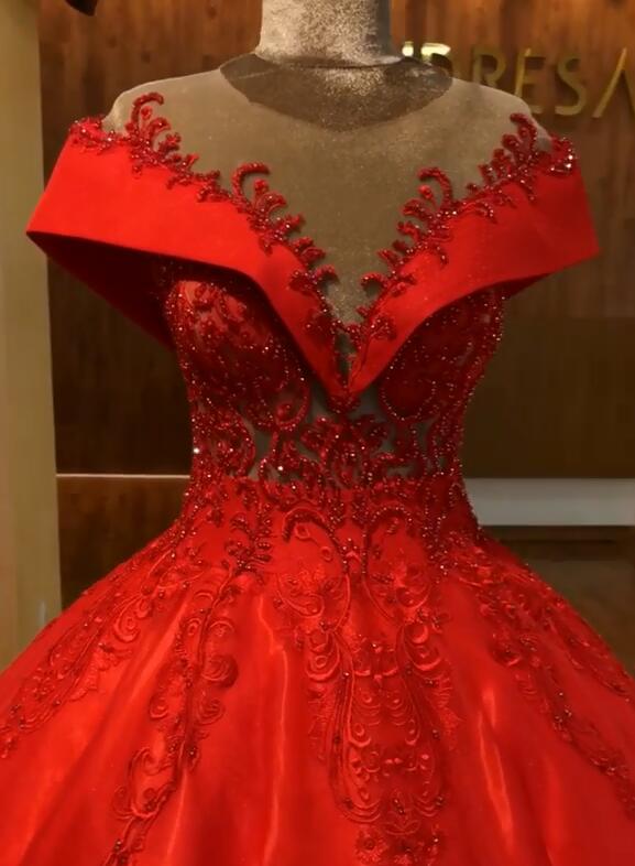 Scarlet Off-the-Shoulder Quinceanera Dresses Lace Crystal Puffy Ball Gown Evening Dress-showprettydress