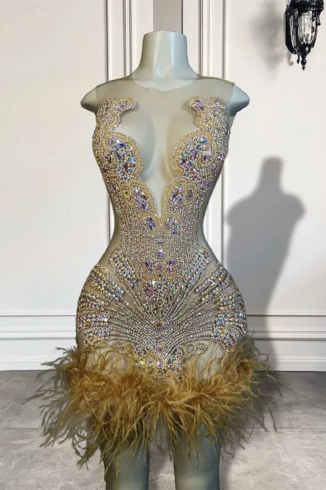 Scoop Sleeveless Short Prom Dresses With Crystal Beadings and Feathers-Showprettydress