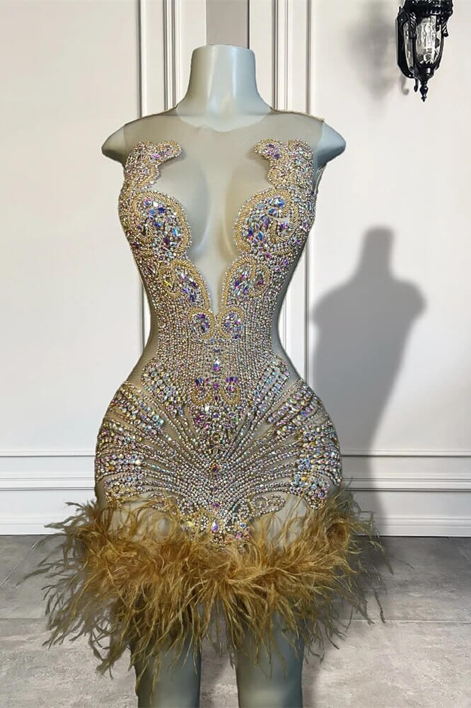 Scoop Sleeveless Short Prom Dresses With Crystal Beadings and Feathers-Showprettydress