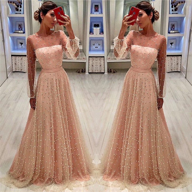 See Through Tulle Bubble Sleeves Prom Party Gowns| Full Beading Long Sleeves Evening Dresses-showprettydress