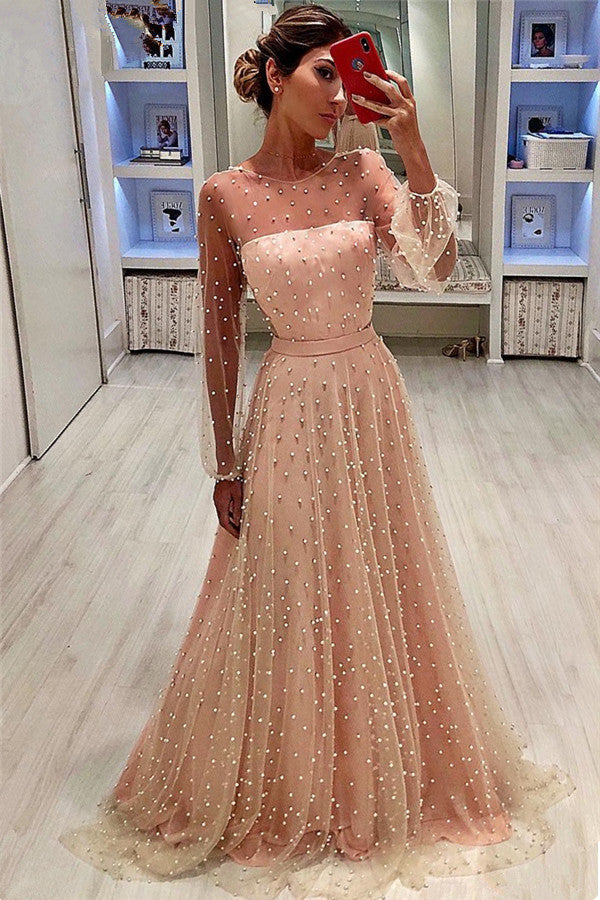See Through Tulle Bubble Sleeves Prom Party Gowns| Full Beading Long Sleeves Evening Dresses-showprettydress