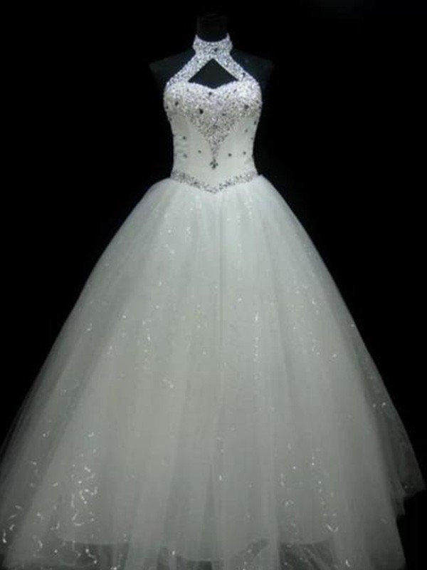 Sequin Ball Gown Sleeveless Floor Length Beading Tulle Halter Wedding Dresses-showprettydress