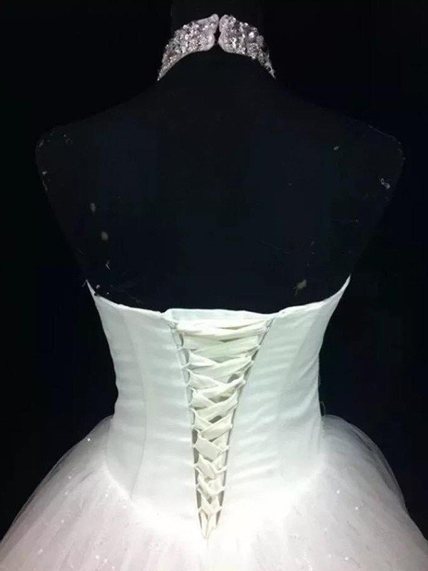 Sequin Ball Gown Sleeveless Floor Length Beading Tulle Halter Wedding Dresses-showprettydress