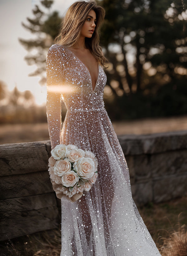 Sequin V-Neck Long Sleeves Boho Garden Wedding Dress Sweep Train-Showprettydress