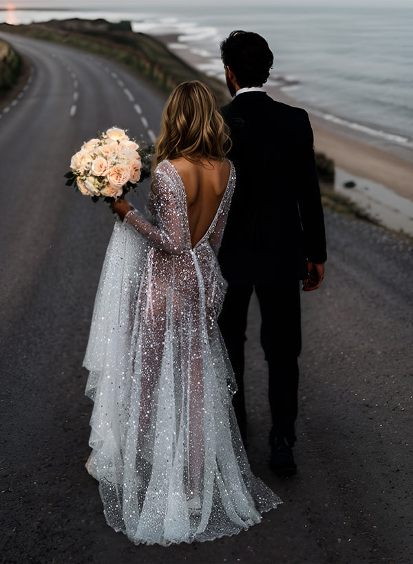 Sequin V-Neck Long Sleeves Boho Garden Wedding Dress Sweep Train-Showprettydress