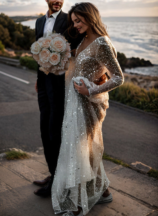 Sequin V-Neck Long Sleeves Boho Garden Wedding Dress Sweep Train-Showprettydress