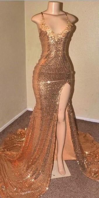 Sequins Sleeveless Front Slit Floor Length Mermaid Dresses-showprettydress