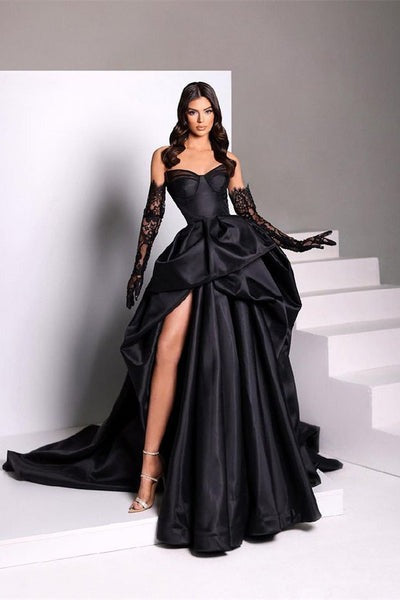 Sexy Black Long A-line Sweetheart Satin Formal Prom Dress With Slit-showprettydress