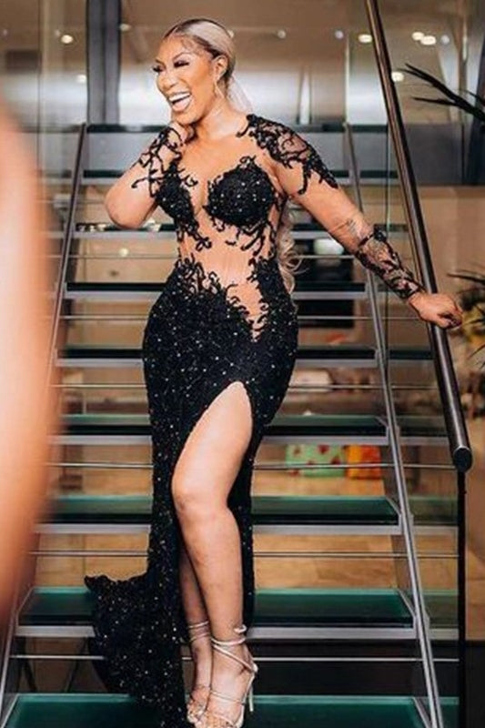 Sexy Black Long Sleeves Appliques Sequins Side Slit Prom Dress-showprettydress