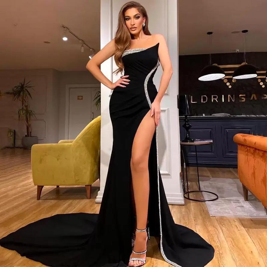 Sexy Black Mermaid Slit Prom Dress With Silver Sequins-showprettydress