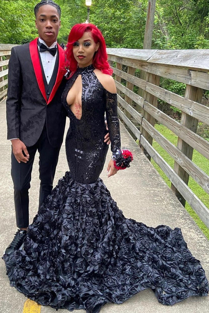 Sexy Black Sparkle Keyhole Mermaid Flowers Cold shoulder Prom Dresses-showprettydress