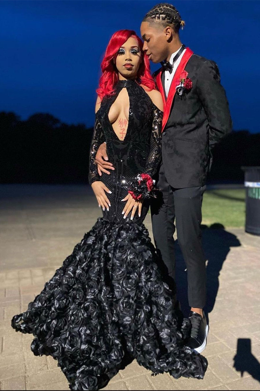Sexy Black Sparkle Keyhole Mermaid Flowers Cold shoulder Prom Dresses Sexy Black Sparkle Keyhole Mermaid Flowers Cold shoulder Prom Dresses