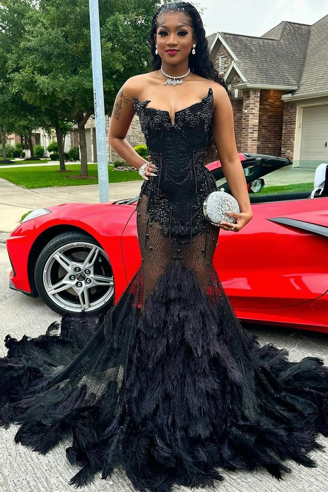 Sexy Black Sweetheart Mermaid Crystal Prom Dress with Feathers-showprettydress
