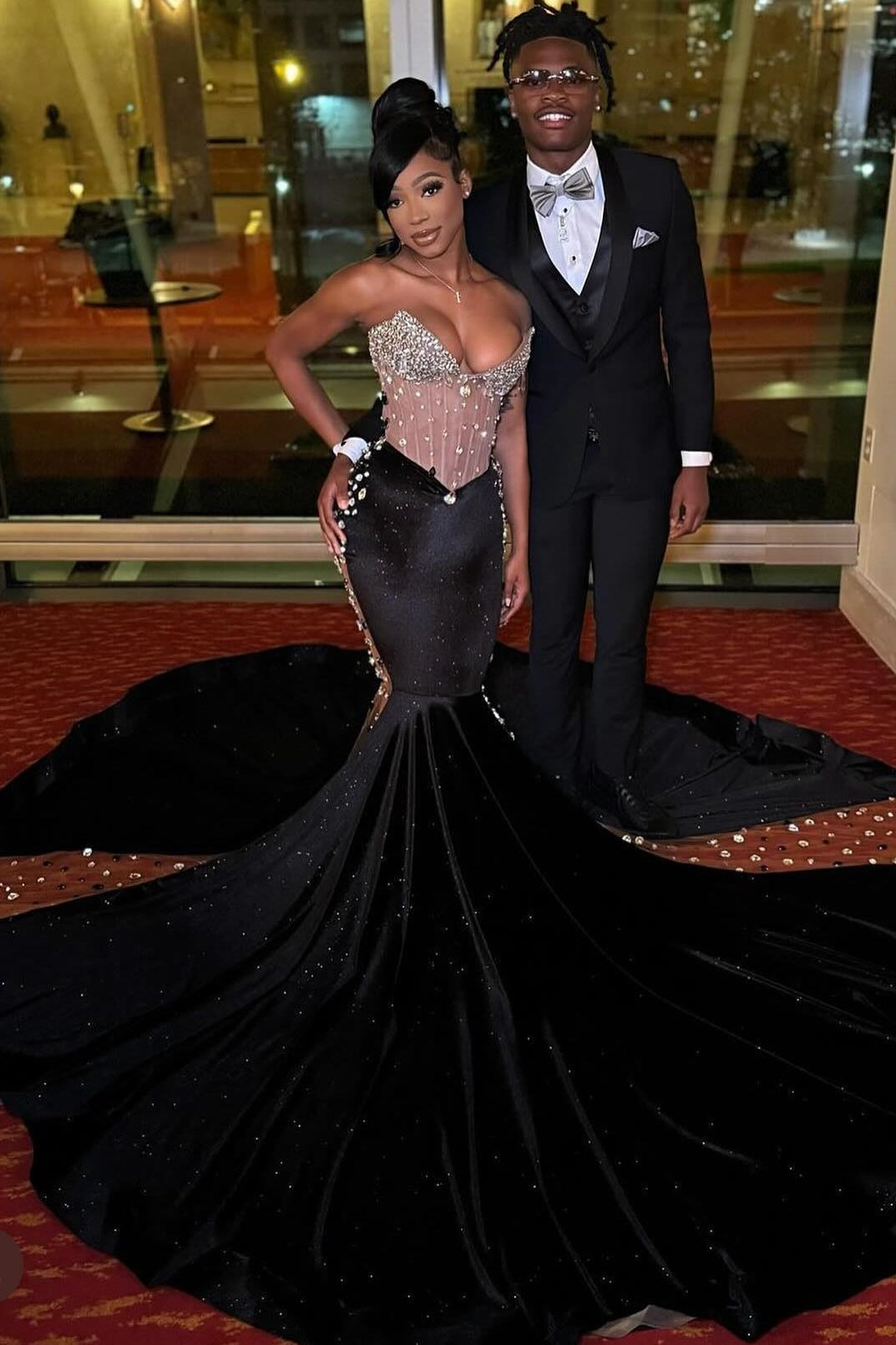 Sexy Black Sweetheart Mermaid Crystal Prom Dresses-showprettydress