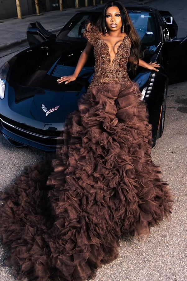 Sexy Brown Mermaid Tulle Ruffles Mermaid Court Train Prom Dresses-showprettydress