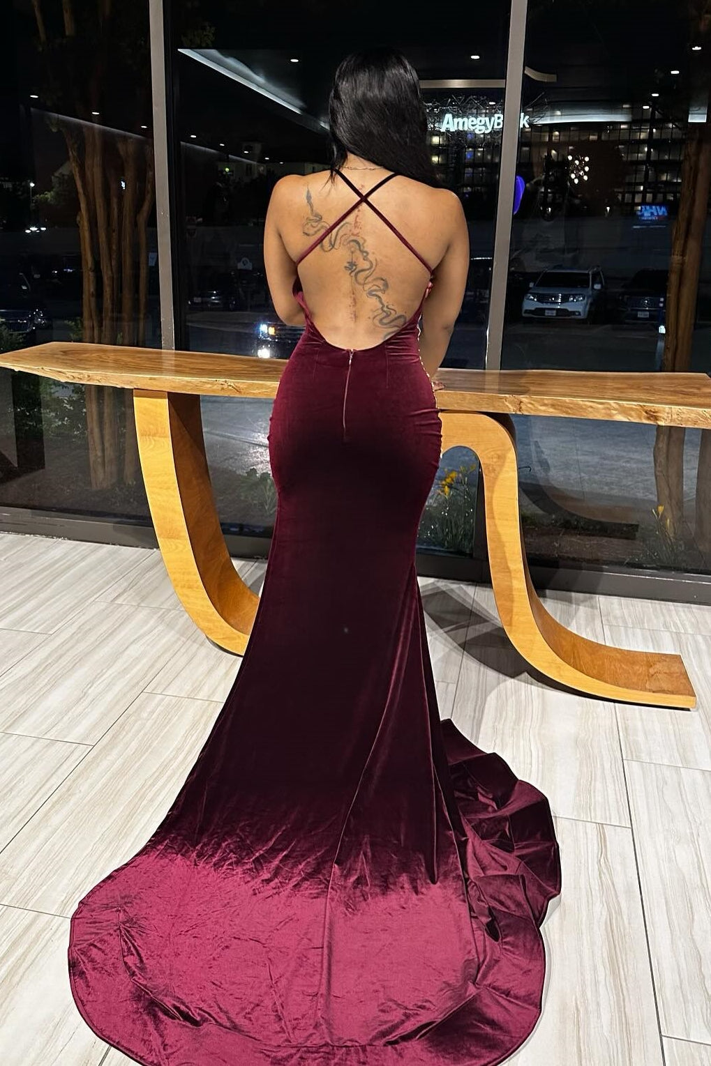 Sexy Burgundy V-Neck Open Back Appliques Velvet Prom Dress-showprettydress