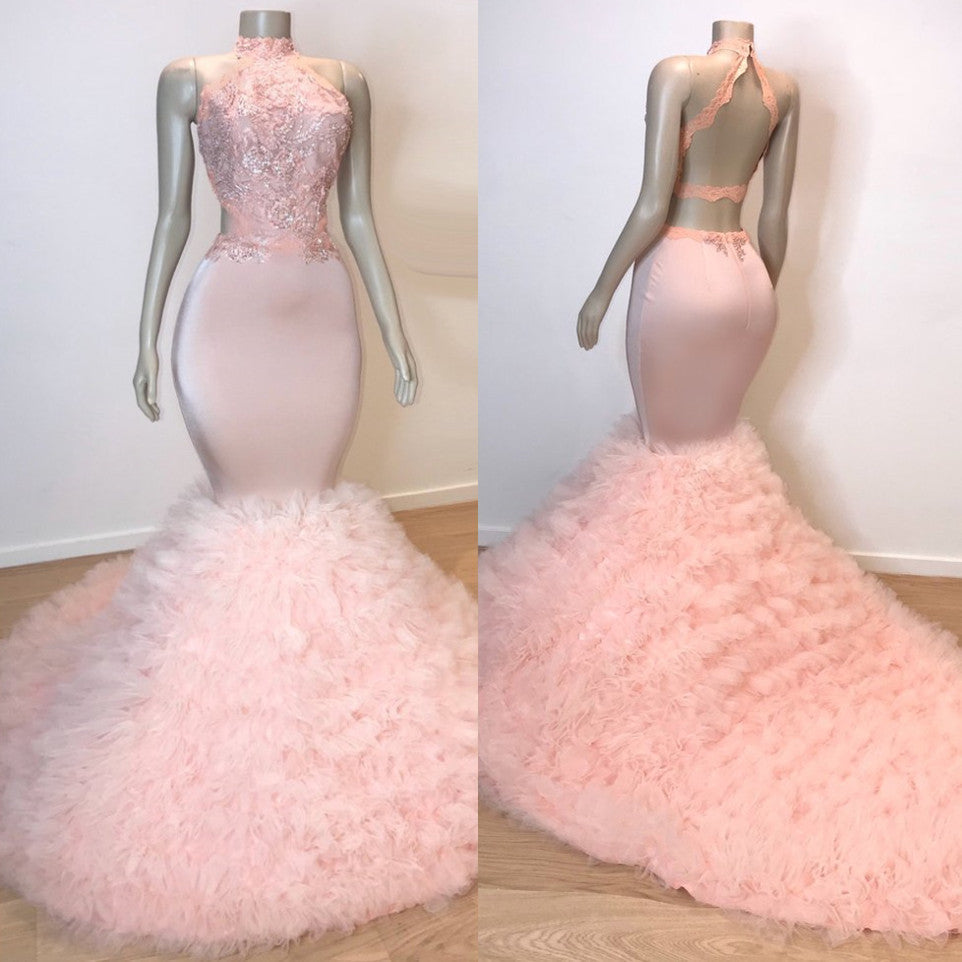 Sexy Chiffon High Collar Mermaid Prom Dress Sequins Pink Long-showprettydress