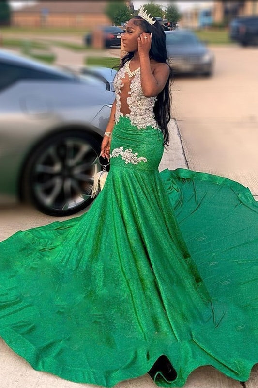 Sexy Green Mermaid Appliques Sleeveless Prom Dress with Beads-showprettydress